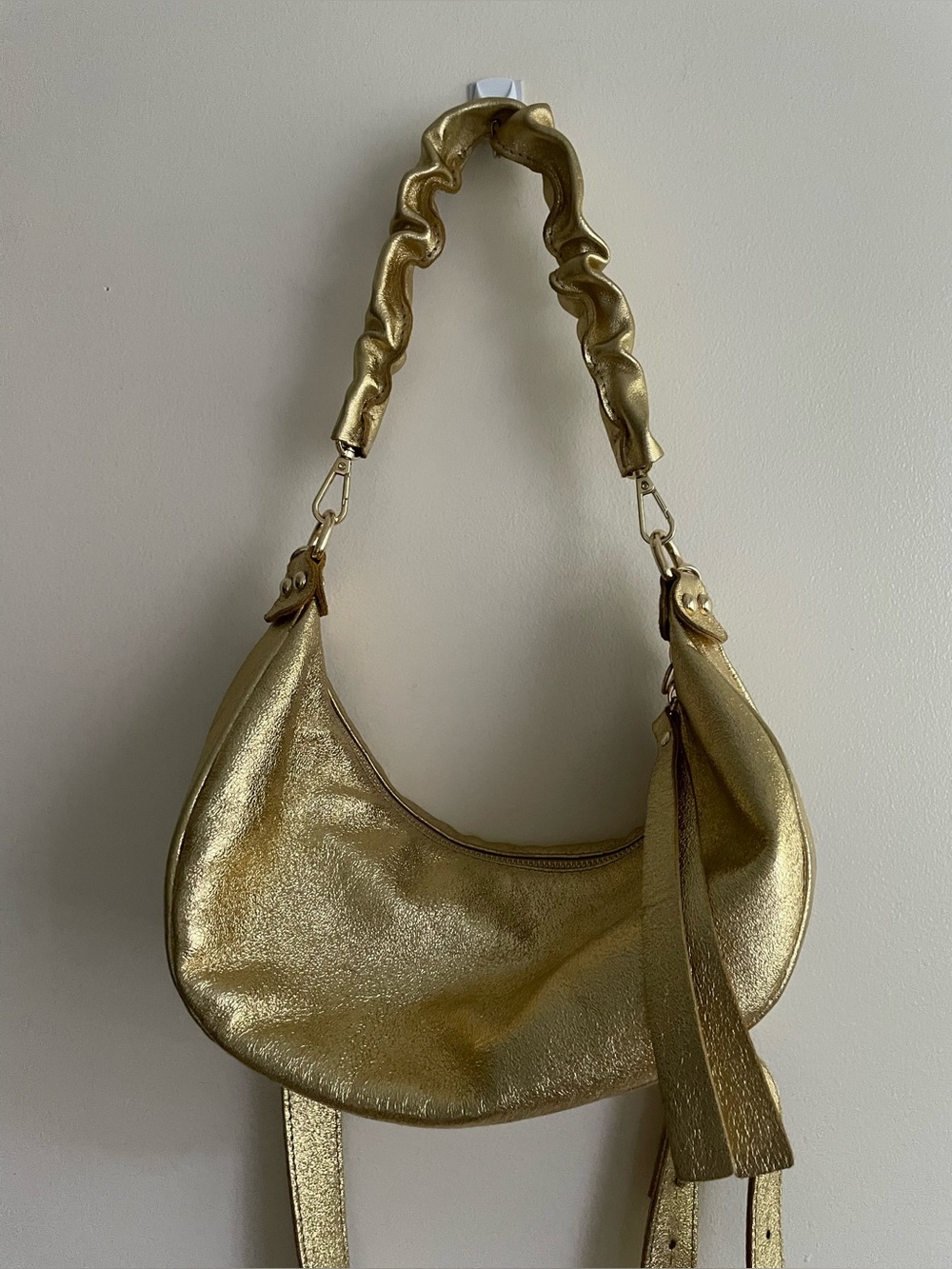 Italian Genuine Leather Metallic Gold Hobo Shoulder Bag Crossbody